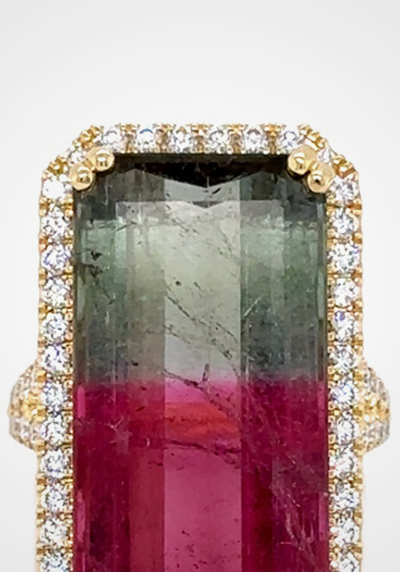 Watermelon Tourmaline, 18K Yellow Gold + Diamond Ring
