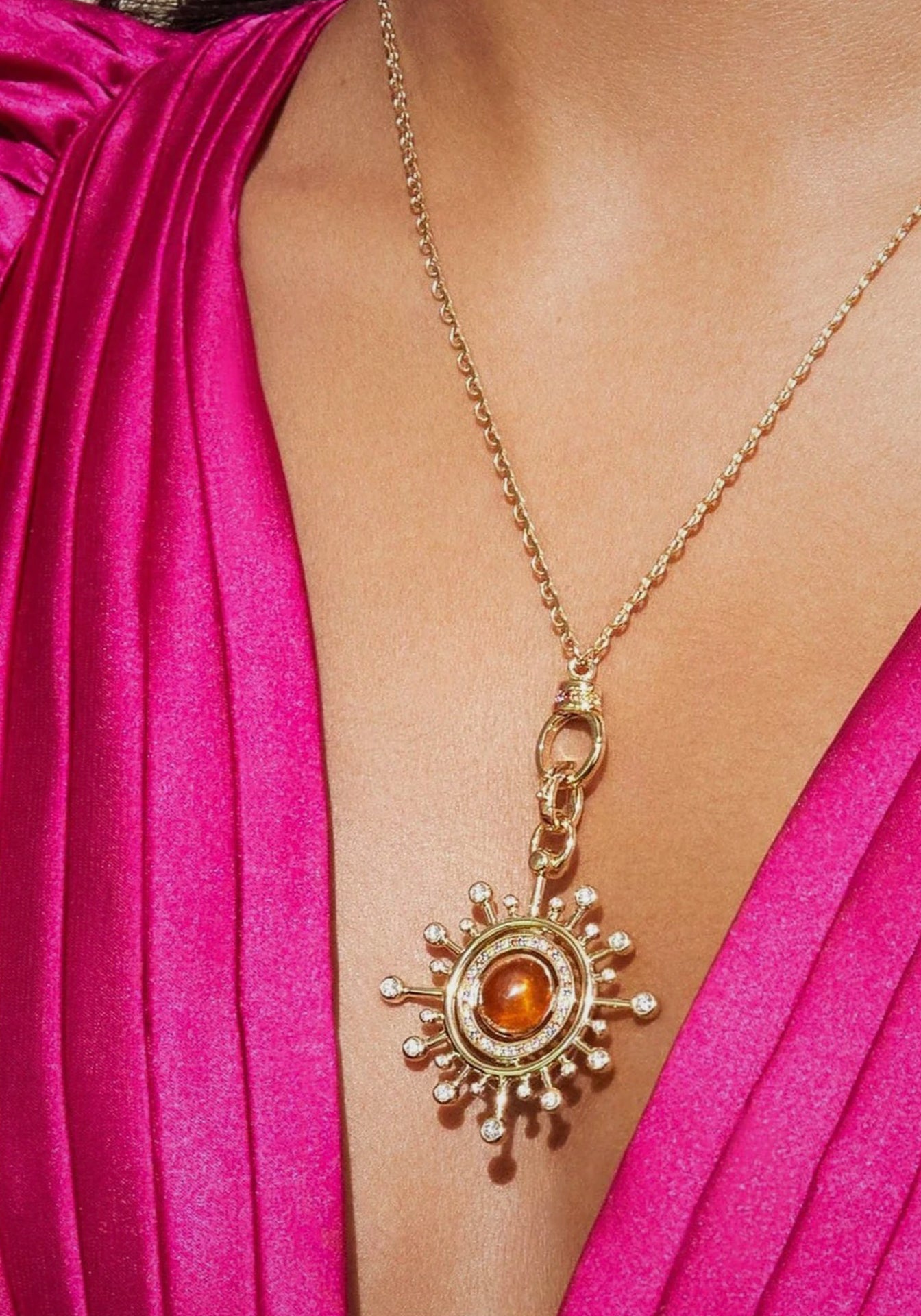 Aurora in Orbit, 14K Yellow Gold, Moonstone + Mandarin Garnet Pendant