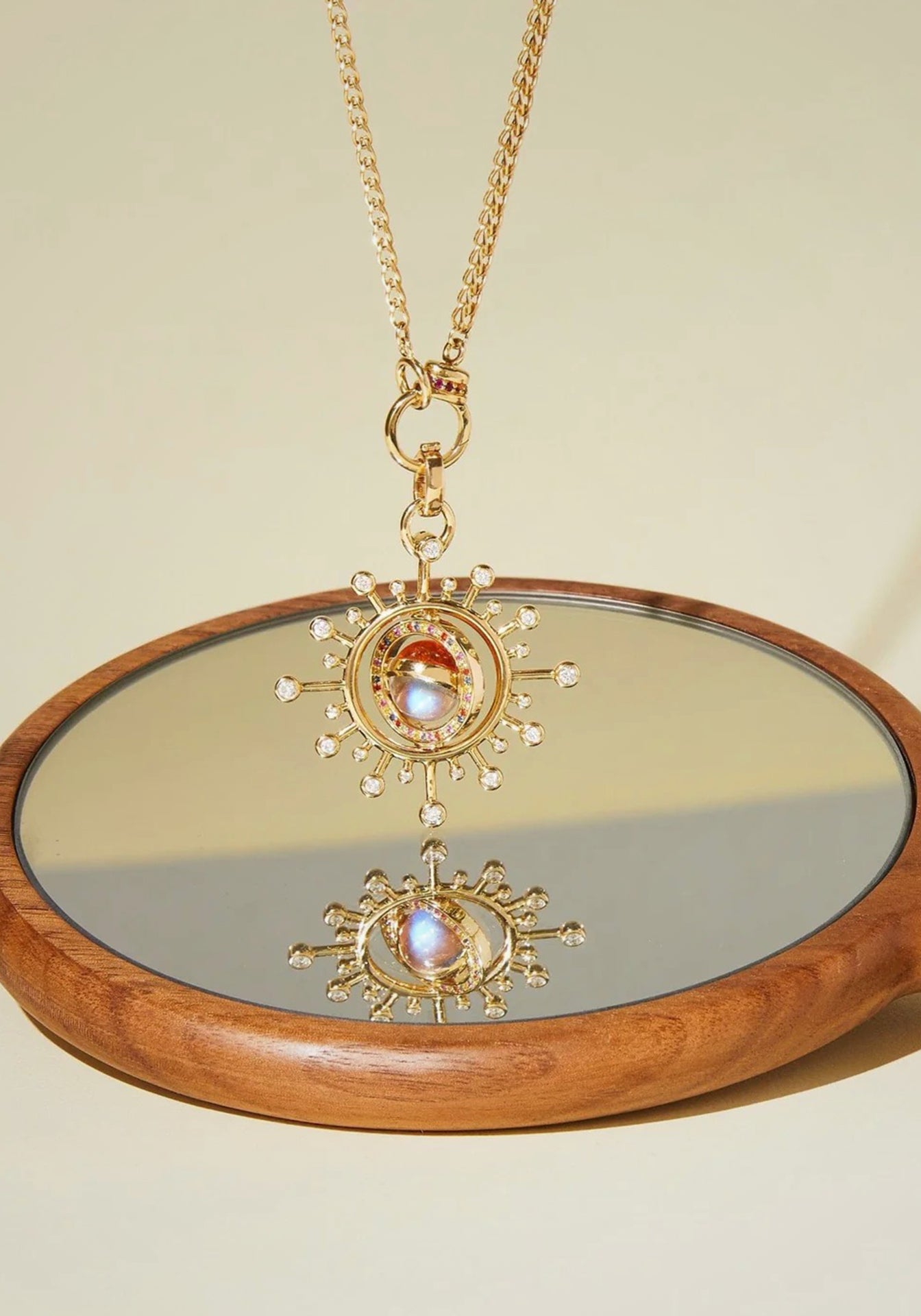 Aurora in Orbit, 14K Yellow Gold, Moonstone + Mandarin Garnet Pendant