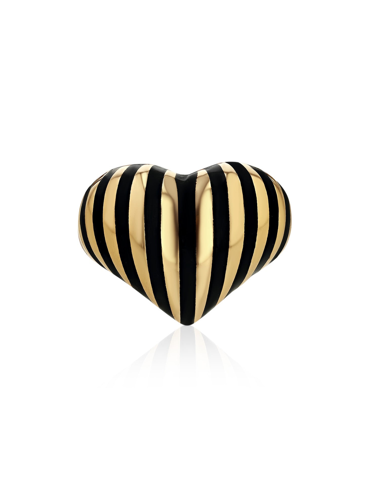 Chubby Striped Heart, 14K Yellow Gold + Black Enamel Ring