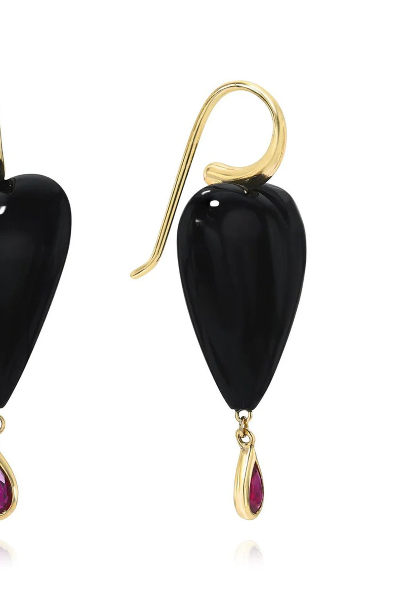 Ruby Heart Drop, 14K Yellow Gold, Onxy + Ruby Earrings