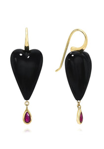 Ruby Heart Drop, 14K Yellow Gold, Onxy + Ruby Earrings