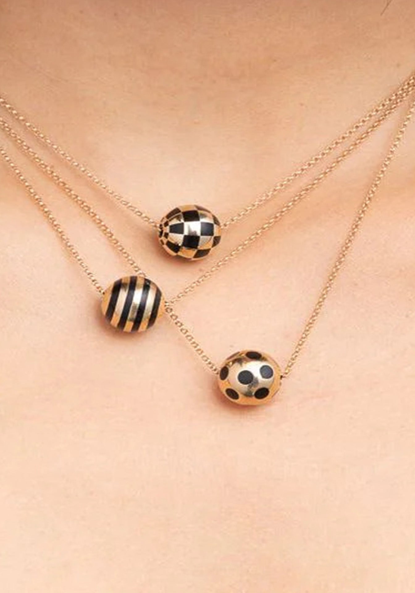 Striped Ball, 14K Yellow Gold + Black Enamel Necklace