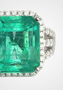 Significant Trinity, 18K White Gold, Columbian Emerald Solitaire + Diamond Ring