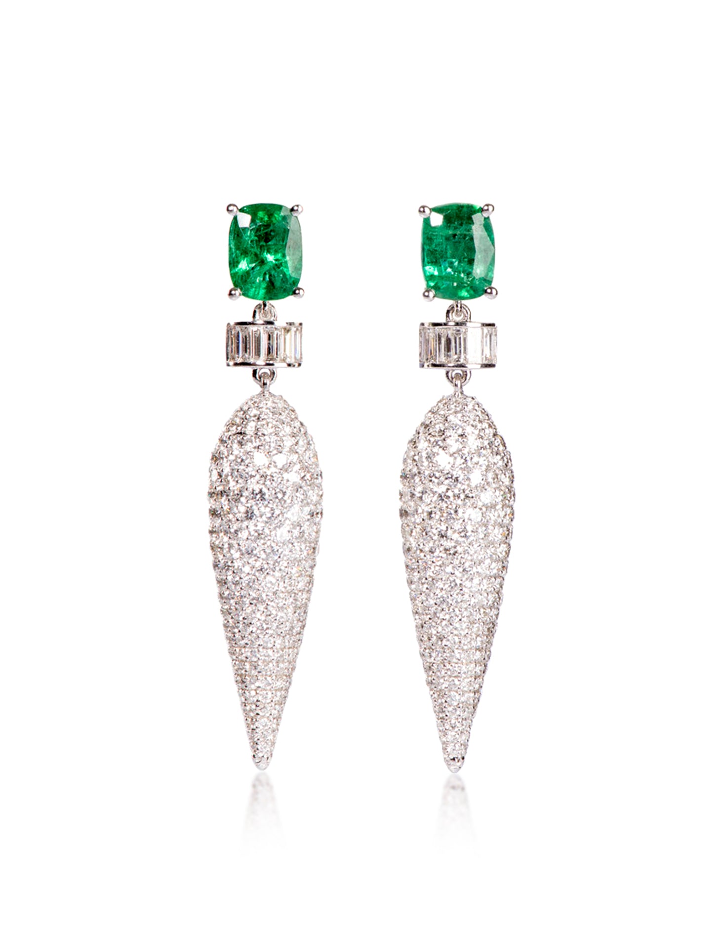 Icicle Dangler, 14K White Gold, Diamond + Emerald Earrings