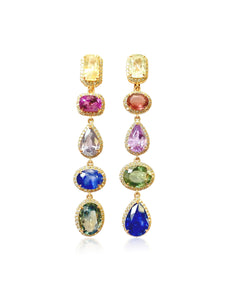 Multi Linear, 14K Yellow Gold, Rainbow Sapphires + Diamonds Earrings