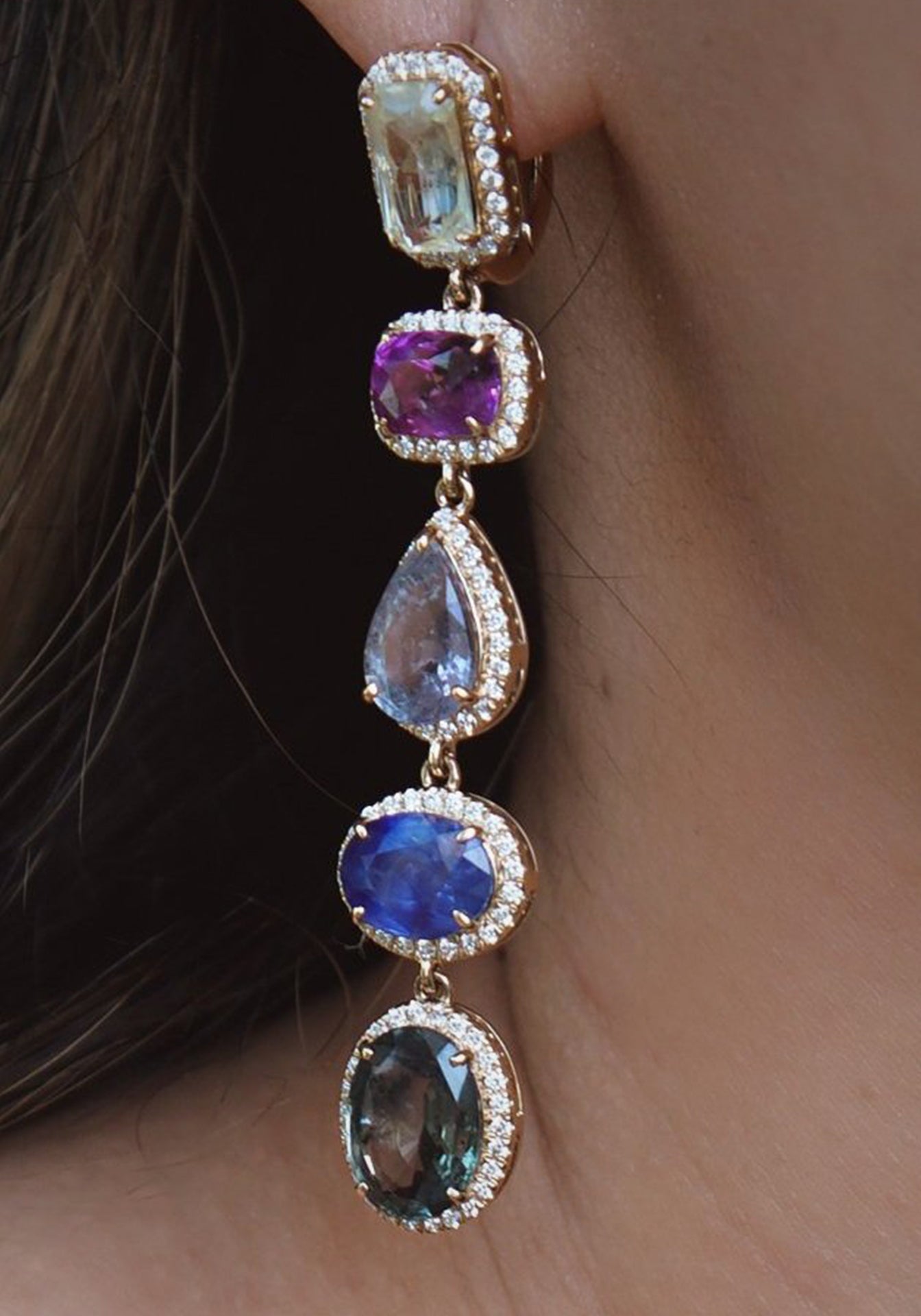 Multi Linear, 14K Yellow Gold, Rainbow Sapphires + Diamonds Earrings