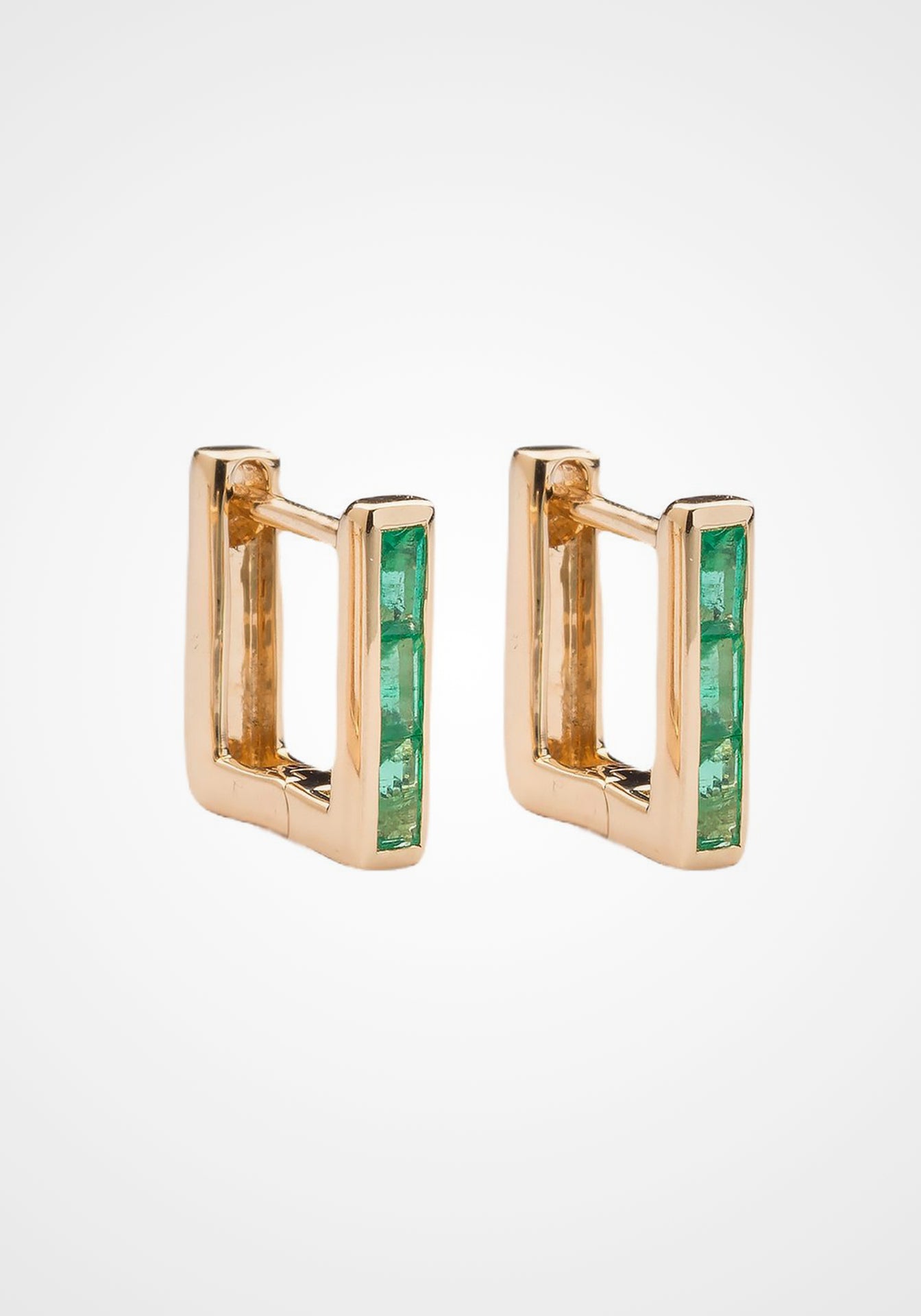 Skinny Square Huggie, 14K Yellow Gold + Three Emerald Baguette Earrings