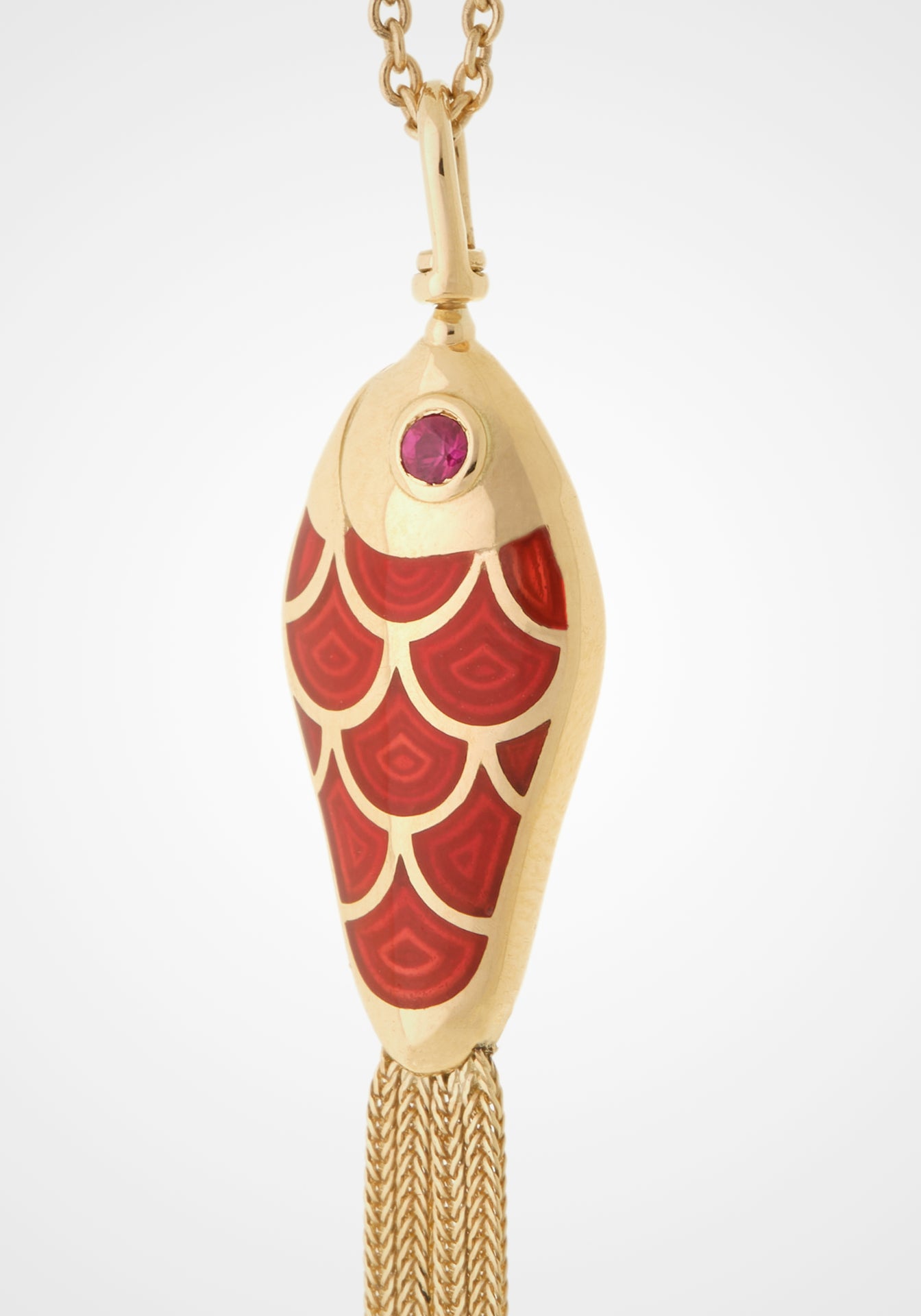 Fish For Love, 18K Yellow Gold, Enamel + Ruby Pendant