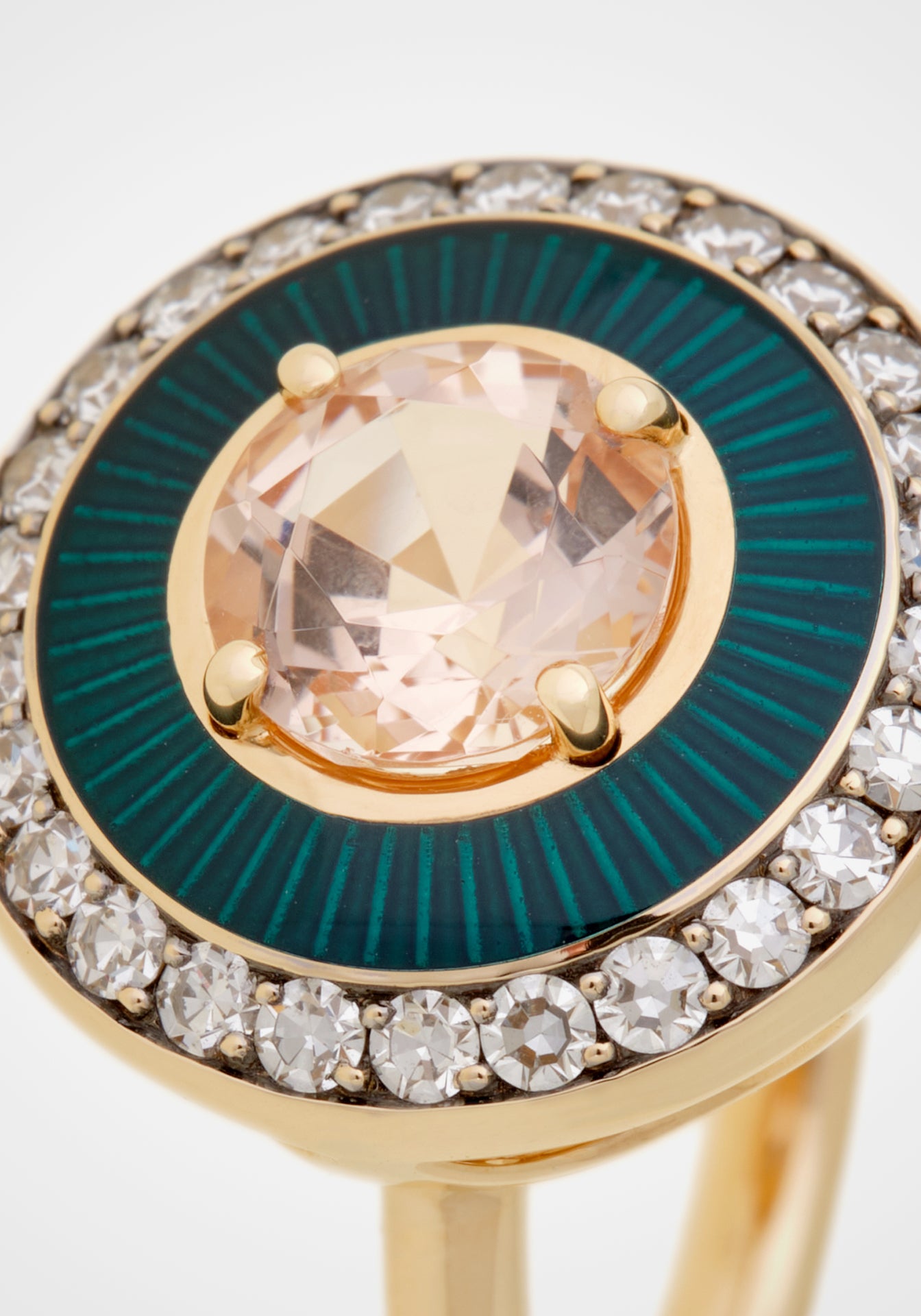 Mina, 18K Yellow Gold, Petrol Enamel, Morganite + Diamond Ring