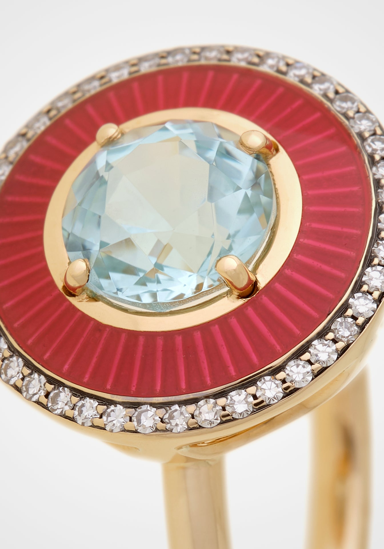 Mina, 18K Yellow Gold, Red Snapper Enamel, Aquamarine + Diamond Ring