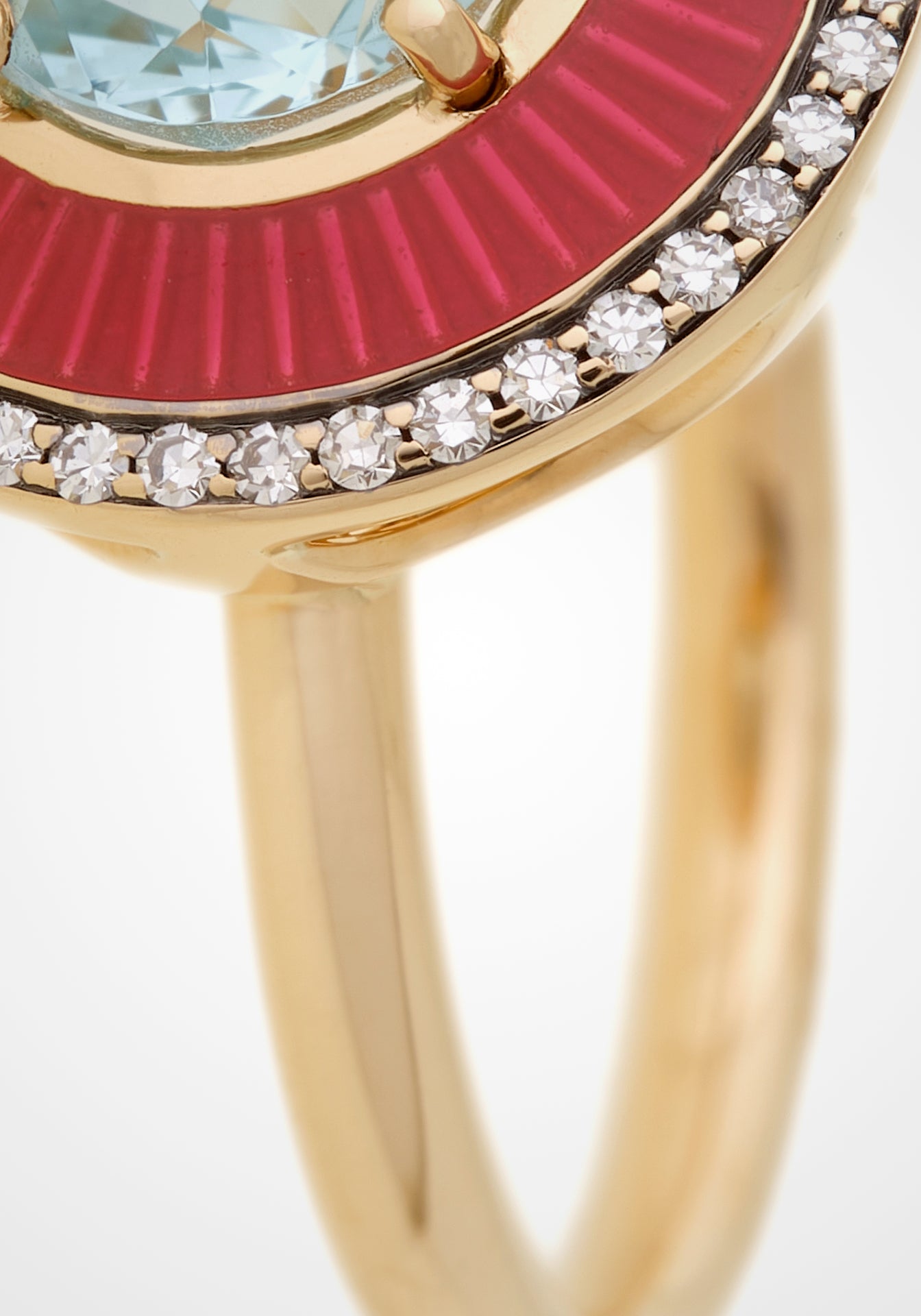 Mina, 18K Yellow Gold, Red Snapper Enamel, Aquamarine + Diamond Ring