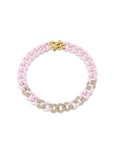 7 Medium Link, 18K Yellow Gold, Pink Ceramic + Pavé Diamond Bracelet