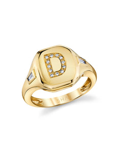 Letter D Initial, 18K Yellow Gold + Diamond Pinky Ring