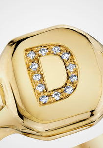 Letter D Initial, 18K Yellow Gold + Diamond Pinky Ring
