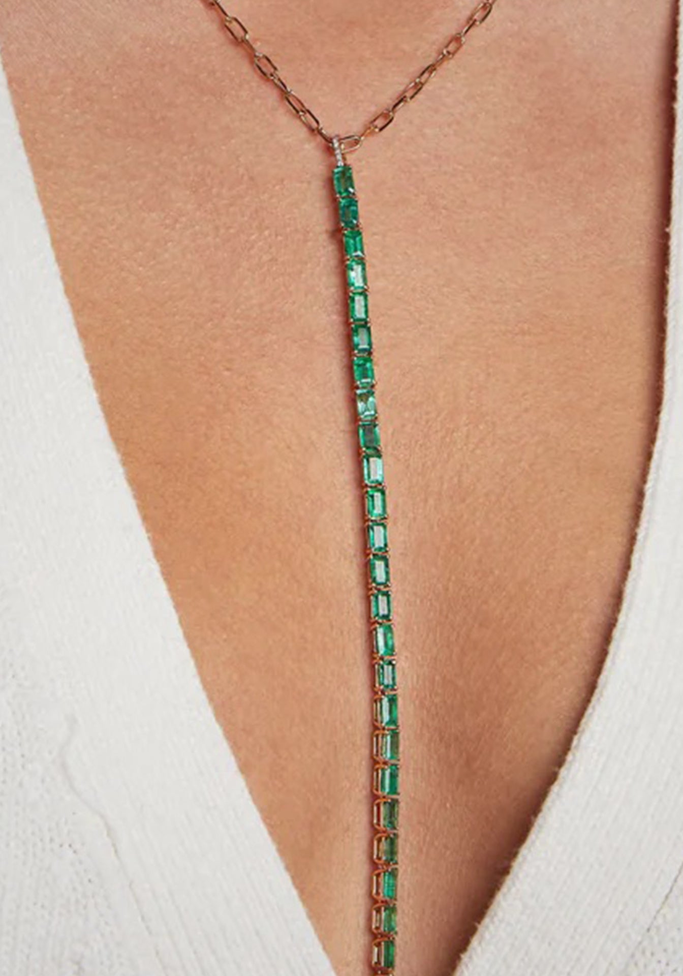 Stick Y, 18K Rose Gold + Emerald Necklace