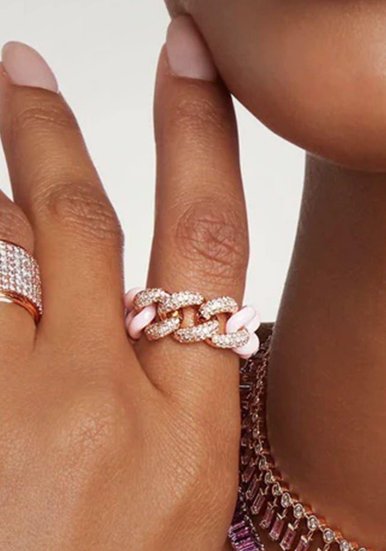 Triple Pavé Pink Ceramic Essential Link, 18K Rose Gold Ring