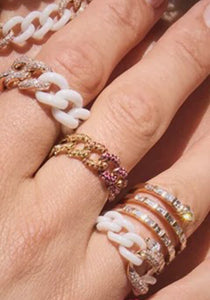 Triple Pavé, 18K Yellow Gold + White Ceramic Link Ring