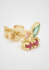 Camélia 1, 18K Yellow Gold, Emerald, Rubies, Pink Sapphire Earrings
