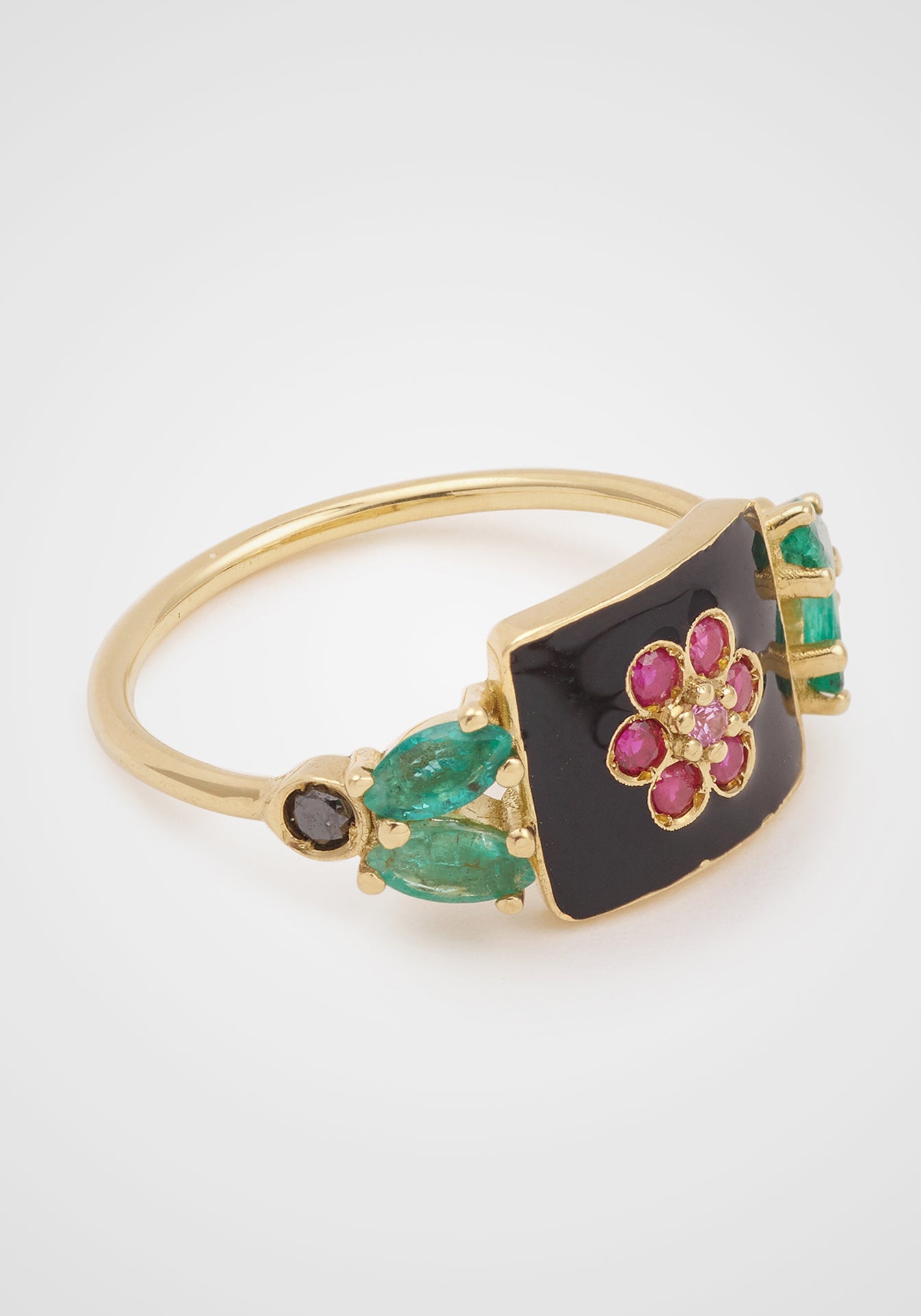Flora 1, 18K Yellow Gold, Emeralds, Rubies, Pink Sapphires + Black Diamond Ring