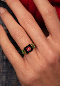 Flora 1, 18K Yellow Gold, Emeralds, Rubies, Pink Sapphires + Black Diamond Ring