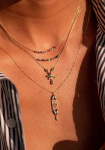 Gaia 1, 18K Yellow Gold, Emerald, Rubies + Pink Sapphire Necklace