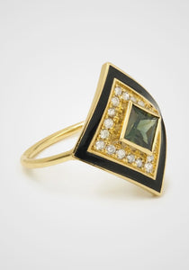 Ginger 4, 18K Yellow Gold, Green Sapphire + Salt and Pepper Diamond Ring