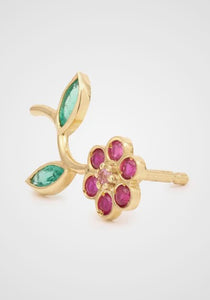 Miniflower 5, 18K Yellow Gold, Emeralds, Rubies + Pink Sapphire Earring (Right)