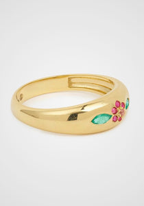 Miniflower 2, 18K Yellow Gold, Emeralds, Rubies + Pink Sapphire Ring