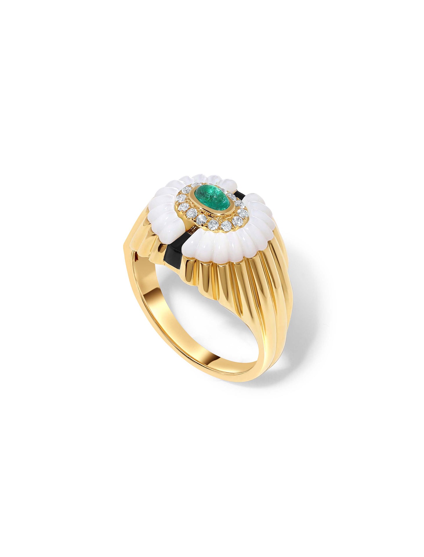 Alara Snowdrop, 18K Yellow Gold, Emerald + Diamond Signet Ring