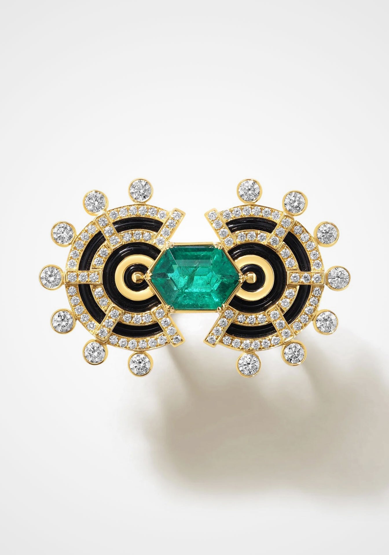 Raisina Enchantress Traverse, 18K Yellow Gold, Emerald, Onyx + Diamond Ring