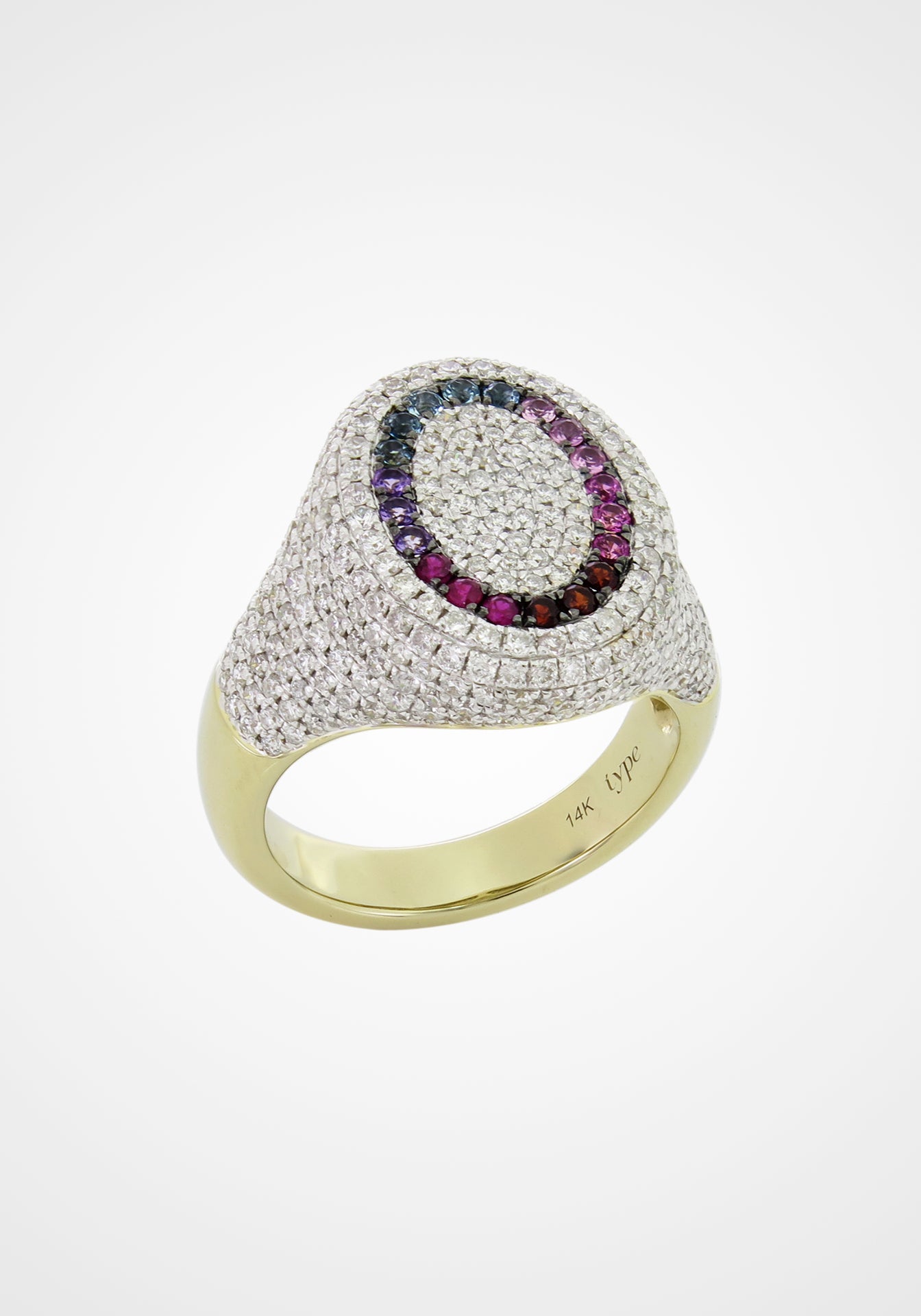 The 6th Rainbow, 14K Yellow Gold, Multi-Gemstones + Diamond Signet Ring
