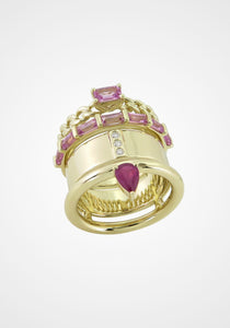 The Type Stack, 14K Yellow Gold, Pink Sapphire, Ruby + Diamond Ring