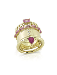 The Type Stack, 14K Yellow Gold, Pink Sapphire, Ruby + Diamond Ring