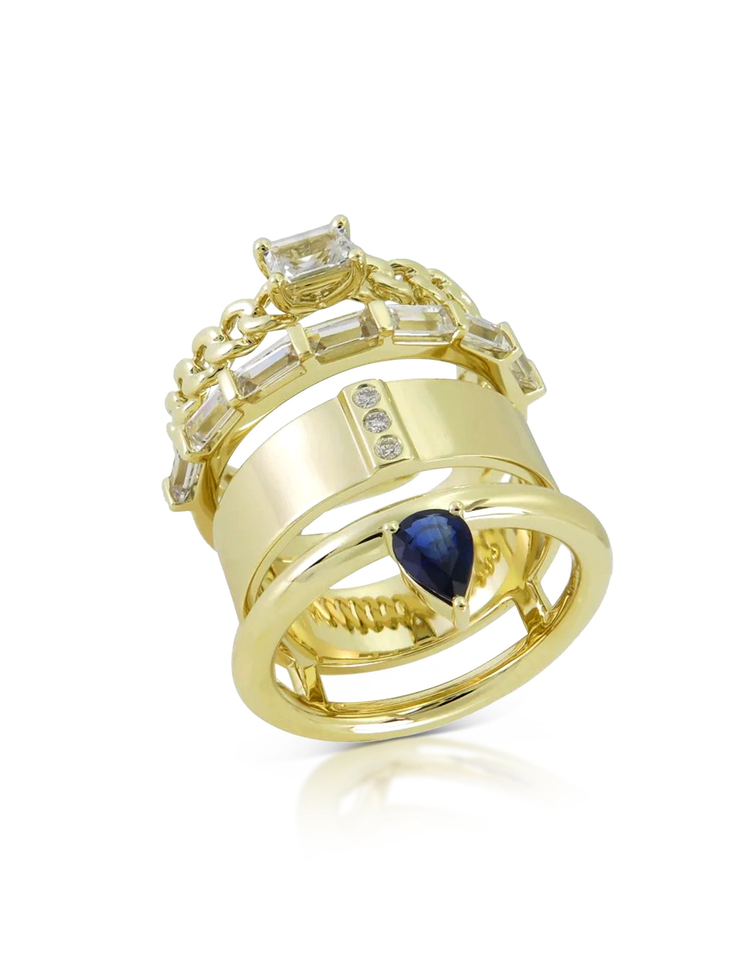 The Type Stack, 14K Yellow Gold, Blue Sapphire, White Sapphire + Diamond Ring