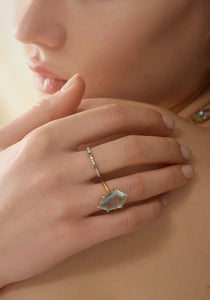 Aquamarine + Diamond Contour Polygon, 18K Yellow Gold Ring