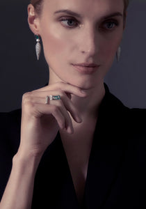 Icicle Dangler, 14K White Gold, Diamond + Emerald Earrings
