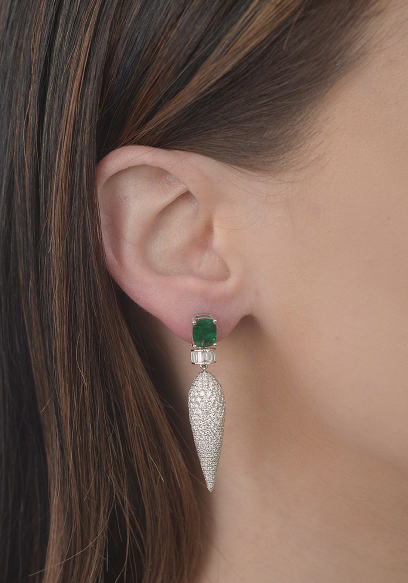 Icicle Dangler, 14K White Gold, Diamond + Emerald Earrings