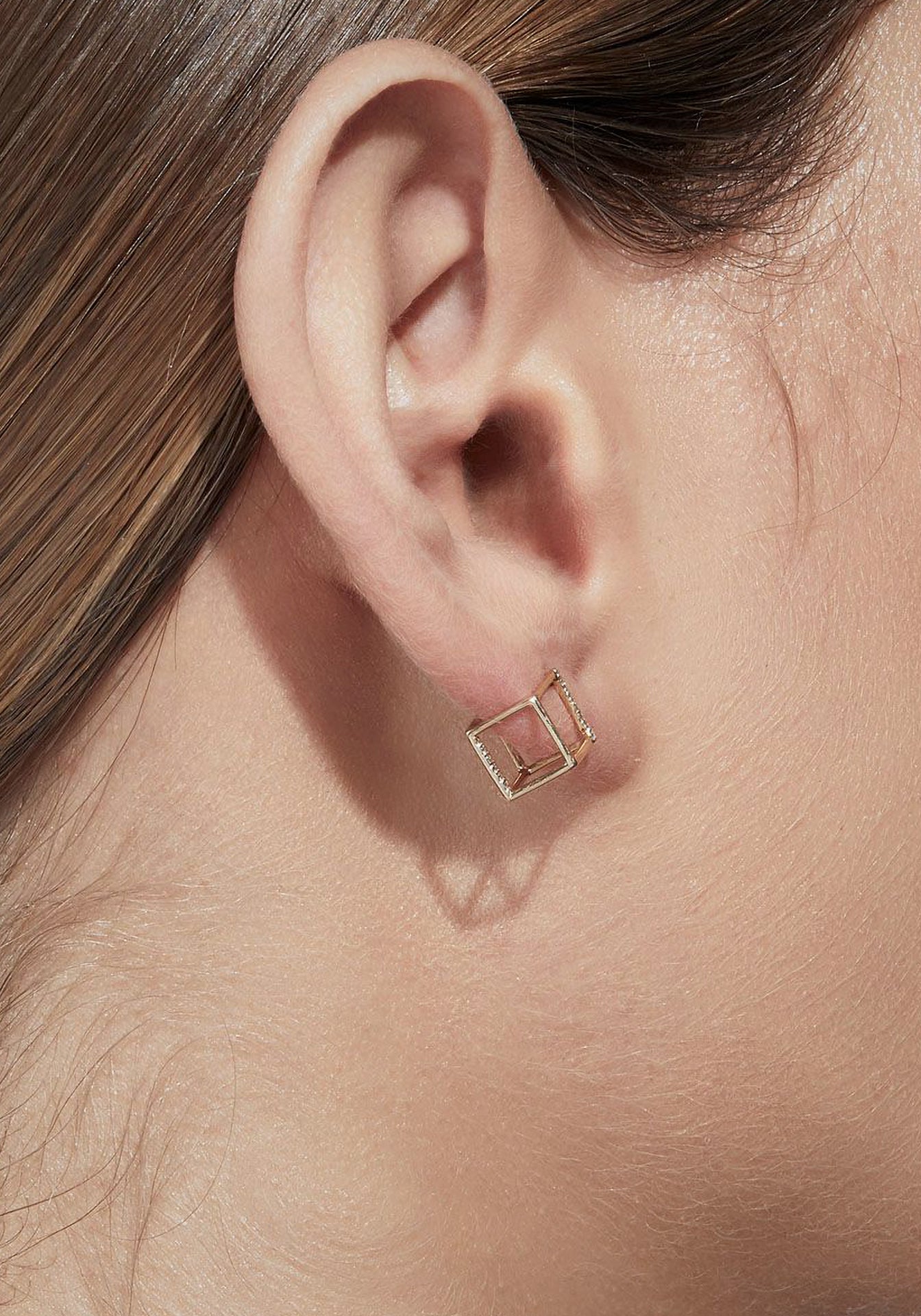 3D Square, 18K Yellow Gold + Diamond Pavé Earring, Small