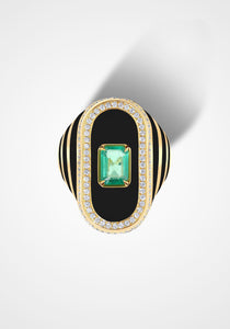 Battuta, 18K Yellow Gold, Black Onyx, Emerald + White Diamond Ring