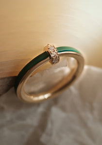Idris, 18K Yellow Gold, Diamond + Green Enamel Ring
